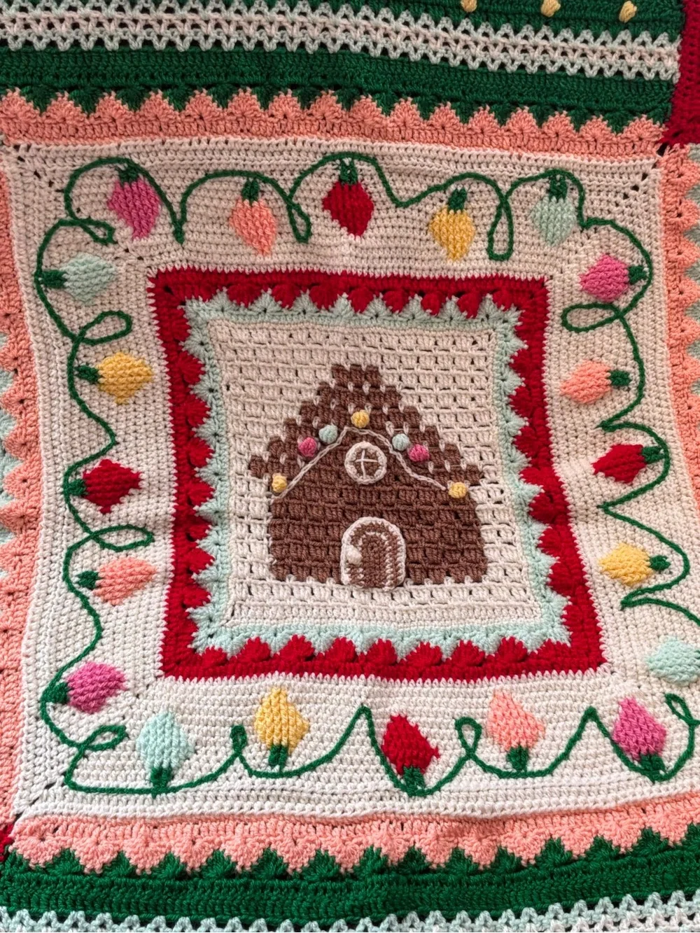 Handmade Holiday Gingerbread Crochet Throw Blanket - Red, Green, Cream